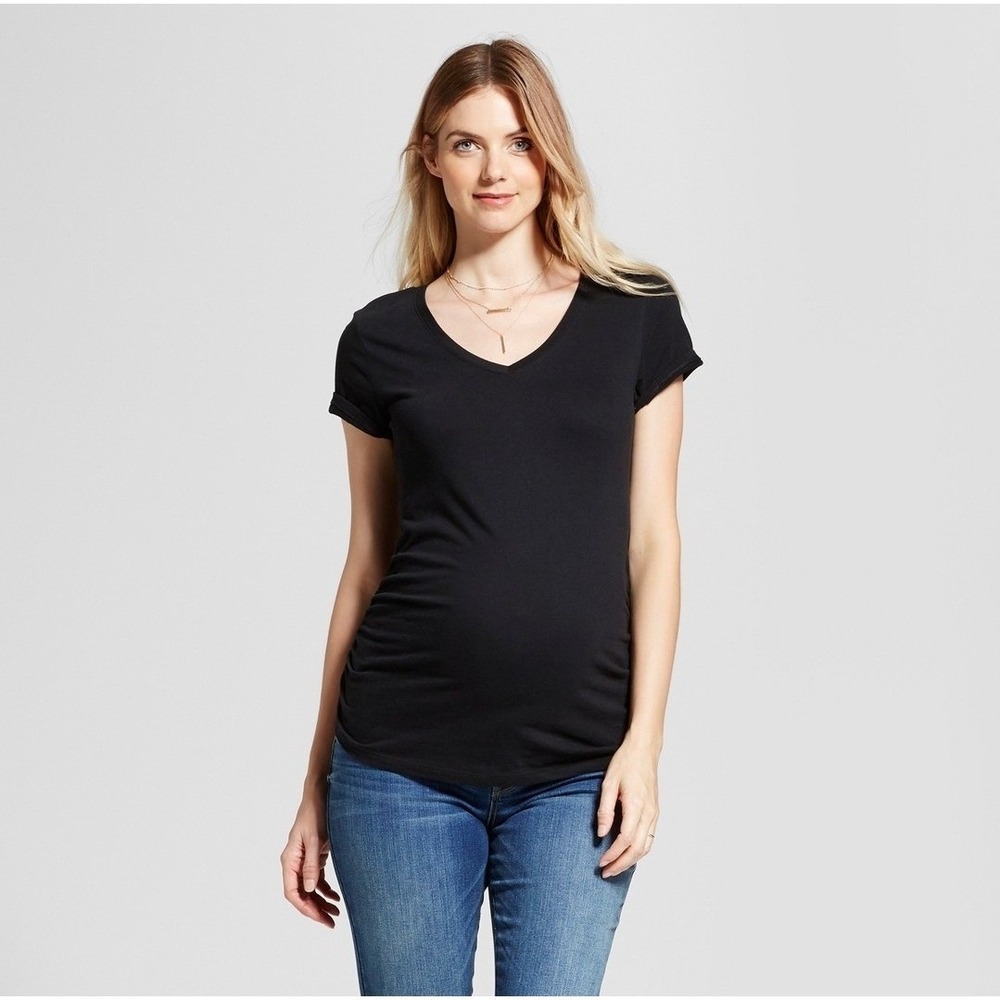 Ingrid & Isabel Maternity Black V Neck Short Sleeve Ruched Side T-Shirt‎ Top XS